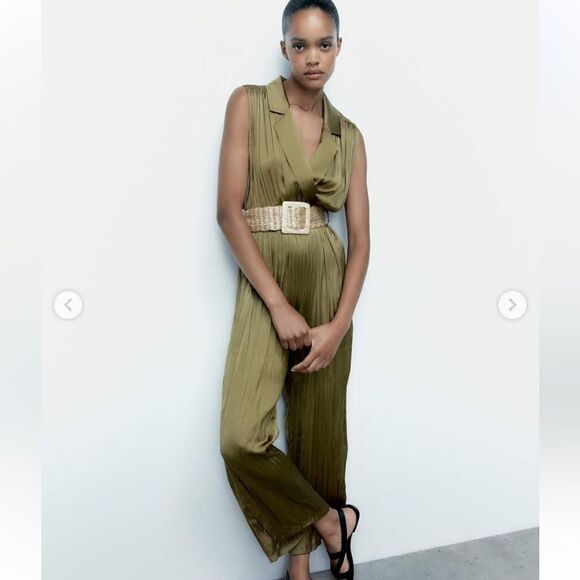 Zara olive green satin effect jumpsuit with belt - Picture 6 of 11